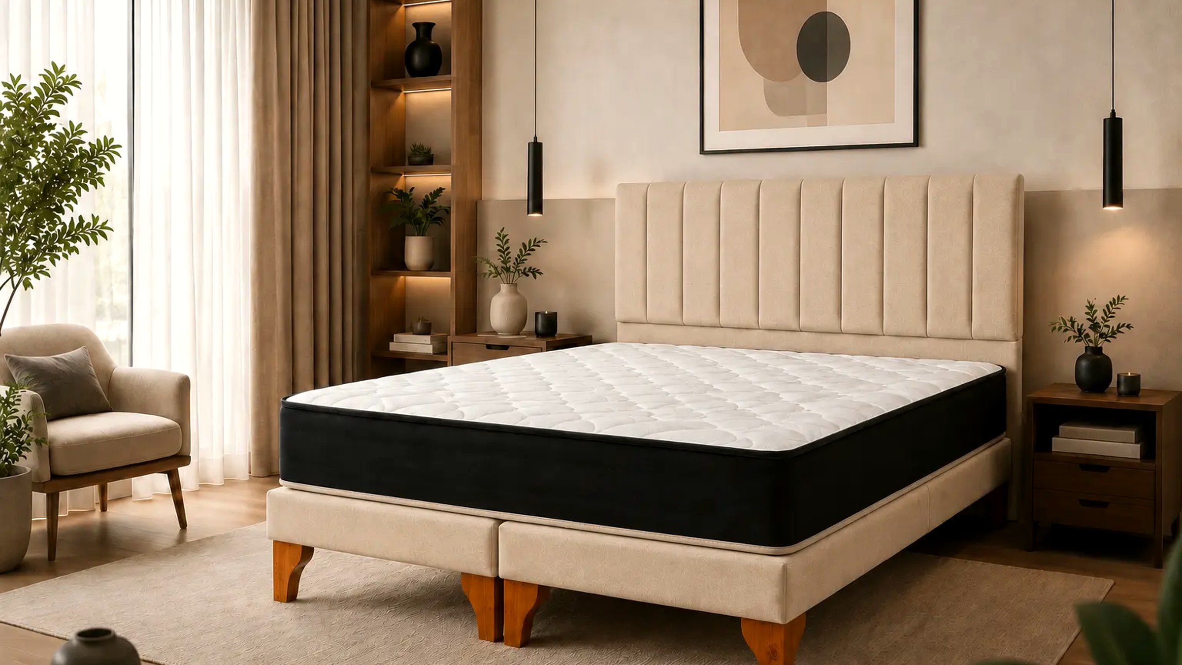Cama Urban con respaldo de paneles verticales en tapiz beige, base dividida en dos módulos y patas de madera