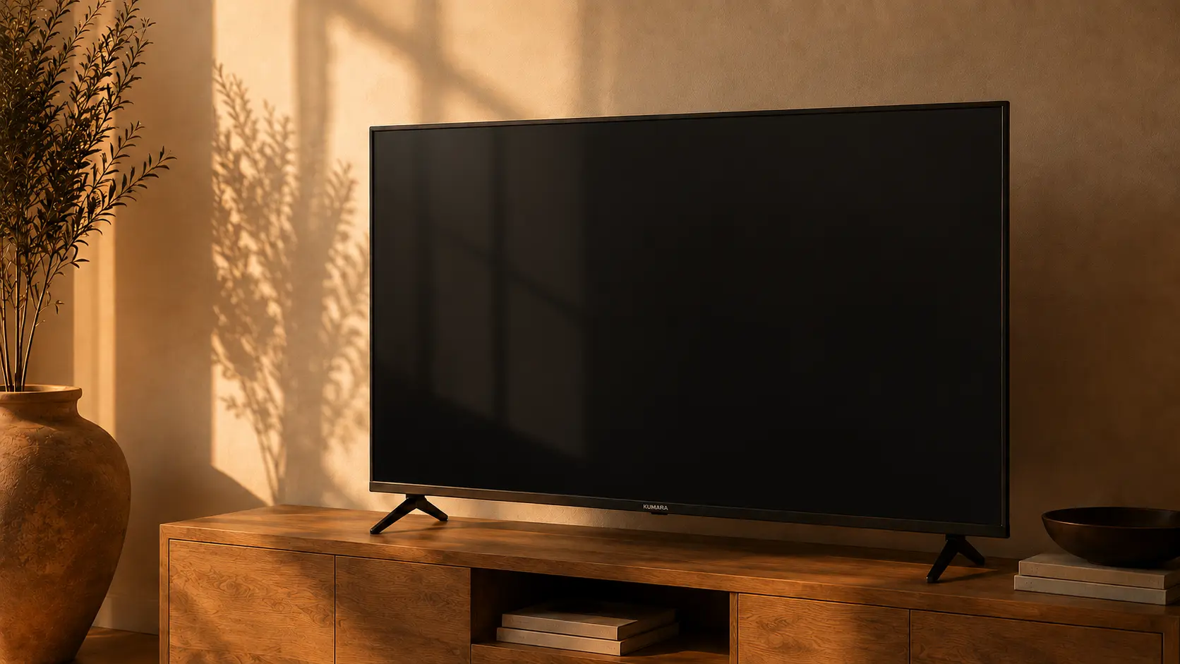 Smart TV QLED KUMARA de 55 pulgadas KQ55V25 con pantalla apagada sobre un mueble de madera
