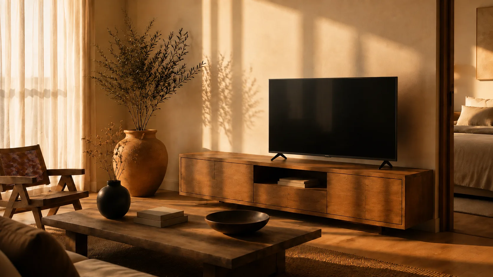 Smart TV QLED KUMARA de 50 pulgadas KQ50V25 sobre un mueble bajo de madera en un living cálido de atardecer