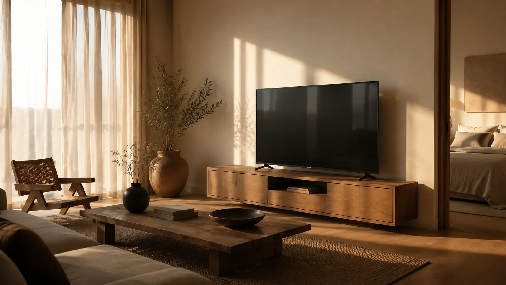 Living cálido con Smart TV KUMARA sobre un mueble bajo de madera y luz natural de atardecer