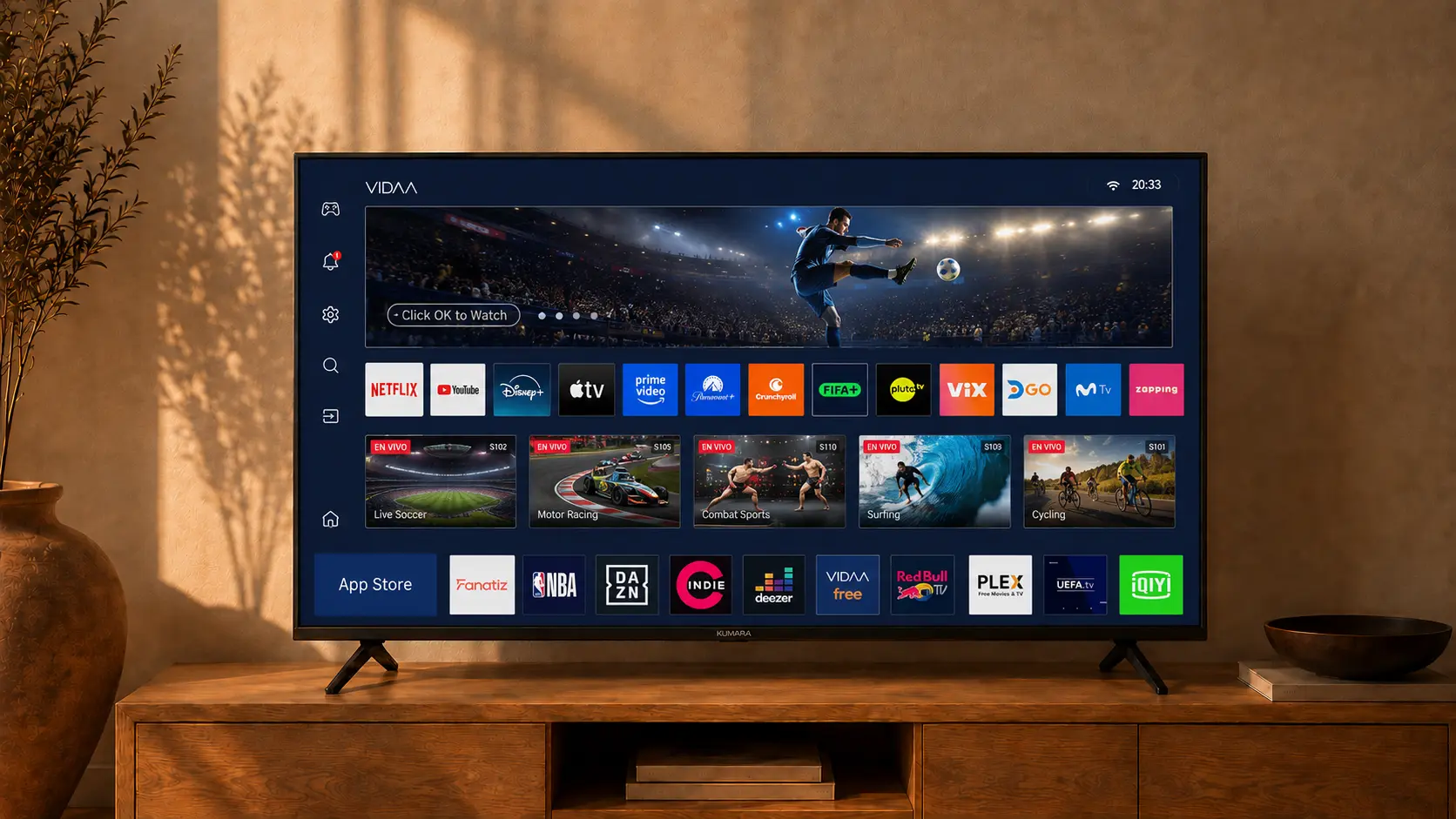 Smart TV KUMARA mostrando la pantalla de inicio del sistema VIDAA con sus aplicaciones