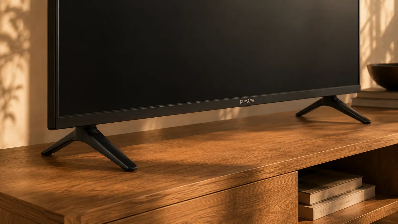 Detalle de las patas y del marco inferior con el logotipo KUMARA del Smart TV