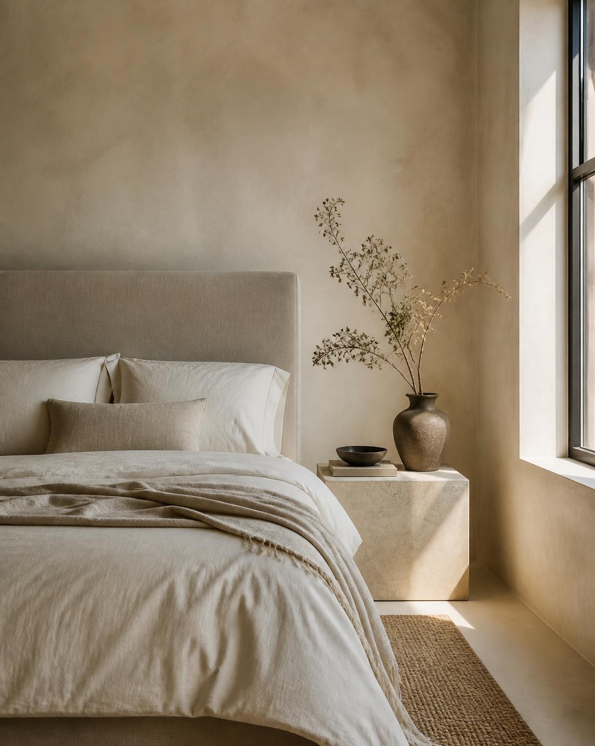 Dormitorio sereno con cama tapizada y luz natural cálida